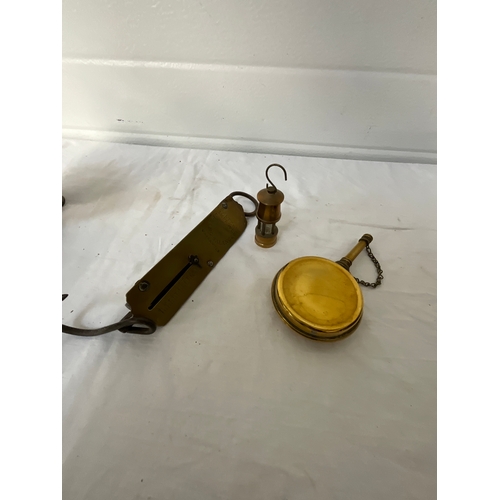 72 - CARBIDE LAMP, SCALES ,HORSE BIT, DOOR KNOCKER ETC