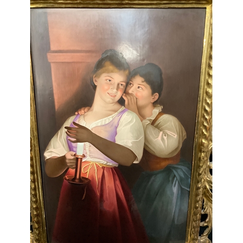 183 - GERMAN GILT FRAMED BERLIN PORCELAIN PLAQUE DEPICTING 2 MAIDENS BY CANDLE LIGHT,BEE HIVE MONOGRAM TO ... 