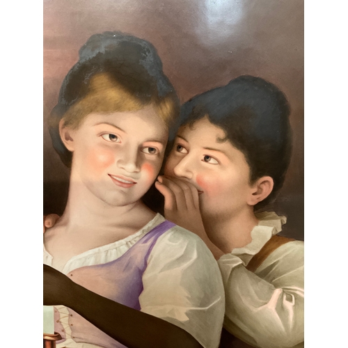 183 - GERMAN GILT FRAMED BERLIN PORCELAIN PLAQUE DEPICTING 2 MAIDENS BY CANDLE LIGHT,BEE HIVE MONOGRAM TO ... 