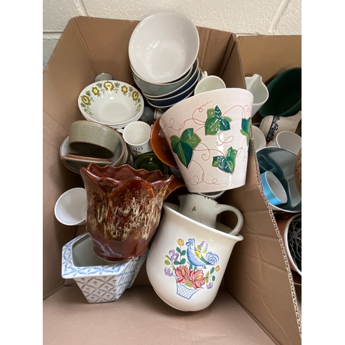 75 - TWO BOXES OF CHINA MUGS PLANTERS ETC