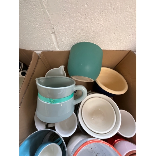 75 - TWO BOXES OF CHINA MUGS PLANTERS ETC