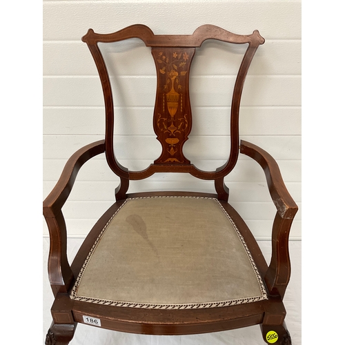 186 - EDWARDIAN MAHOGANY INLAID ARMCHAIR WITH UPHOLSTERED SEAT