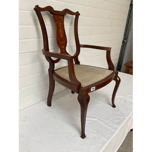 186 - EDWARDIAN MAHOGANY INLAID ARMCHAIR WITH UPHOLSTERED SEAT