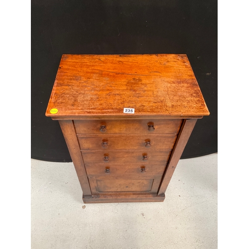 235 - VICTORIAN MAHOGANY CAMPAIGN CHEST WITH 4 DRAWERS OVER SINGLE DOOR H37” W23” D15”