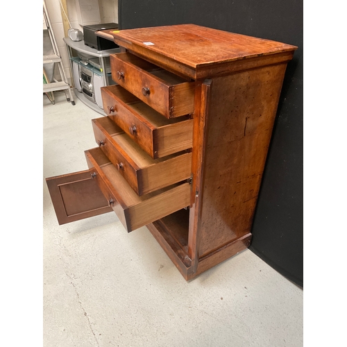 235 - VICTORIAN MAHOGANY CAMPAIGN CHEST WITH 4 DRAWERS OVER SINGLE DOOR H37” W23” D15”