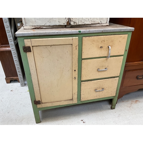 236 - VICTORIAN PAINTED PINE WALL CUPBOARD WITH 2 DOORS A/F H30” W27” D14” (WORMED), VINTAGE KITCHEN CUPBO... 