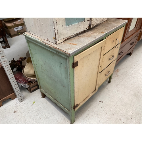 236 - VICTORIAN PAINTED PINE WALL CUPBOARD WITH 2 DOORS A/F H30” W27” D14” (WORMED), VINTAGE KITCHEN CUPBO... 