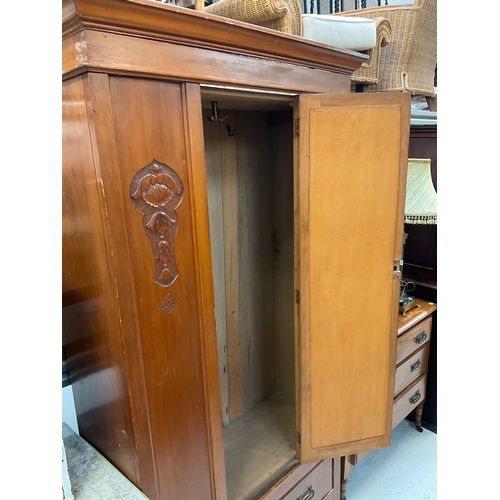 237 - EDWARDIAN SATINWOOD WARDROBE WITH CENTRAL MIRROR DOOR OVER SINGLE DRAWER H78” W40” D16”