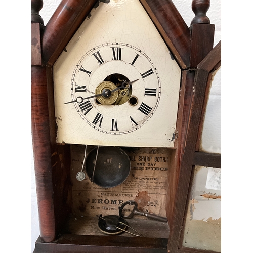 94 - AMERICAN CATHEDRAL CLOCK MAHOGANY CASED PICTORIAL PANEL A/F H15”