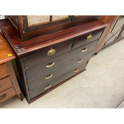 240 - VICTORIAN MAHOGANY CHEST (2 OVER 3)  H35” W43” D21”AND 2 DOOR VICTORIAN GLASS CABINET H34” W40” D16”