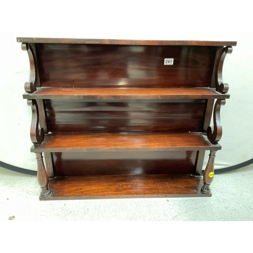 241 - VICTORIAN MAHOGANY 3 TIER WATERFALL WALL SHELVES WITH GRADUATED SHELVES AND TURNED SUPPORTS H27” W32... 