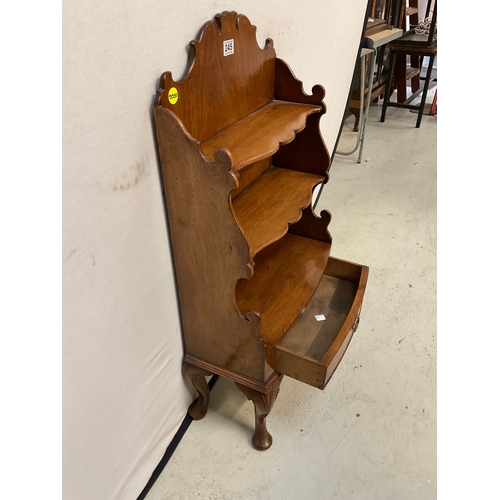 245 - VINTAGE MAHOGANY WATERFALL BOOKCASE WITH SHAPED SHELVES SINGLE DRAWER ON CABRIOLE LEGS H36” W19” D9”