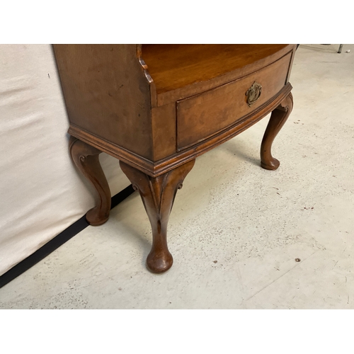 245 - VINTAGE MAHOGANY WATERFALL BOOKCASE WITH SHAPED SHELVES SINGLE DRAWER ON CABRIOLE LEGS H36” W19” D9”