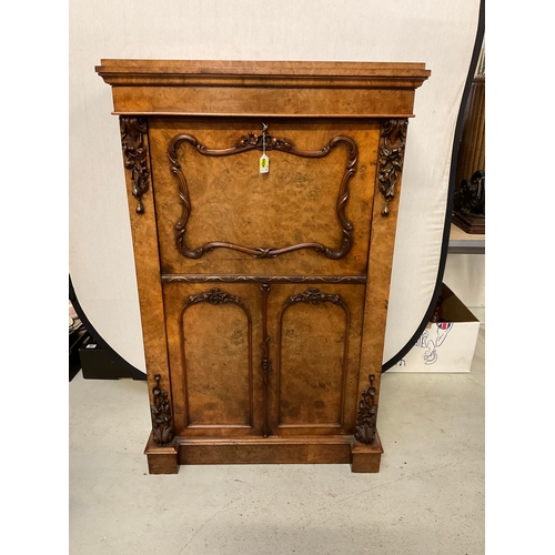 246 - VICTORIAN BURR WALNUT SECRETAIRE WITH FITTED SATINWOOD INTERIOR OF 7 DRAWERS OVER 2 DOORS H51” W32” ... 