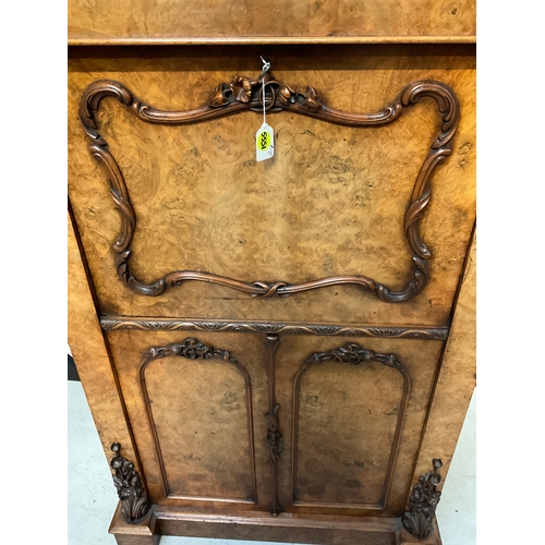 246 - VICTORIAN BURR WALNUT SECRETAIRE WITH FITTED SATINWOOD INTERIOR OF 7 DRAWERS OVER 2 DOORS H51” W32” ... 