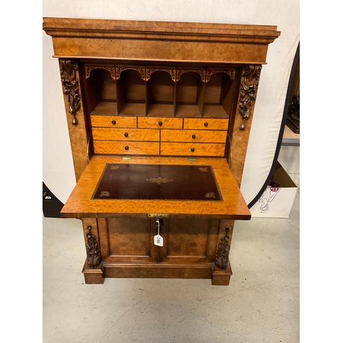 246 - VICTORIAN BURR WALNUT SECRETAIRE WITH FITTED SATINWOOD INTERIOR OF 7 DRAWERS OVER 2 DOORS H51” W32” ... 