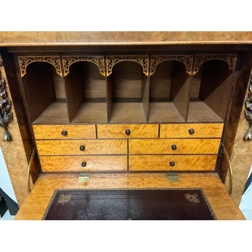 246 - VICTORIAN BURR WALNUT SECRETAIRE WITH FITTED SATINWOOD INTERIOR OF 7 DRAWERS OVER 2 DOORS H51” W32” ... 