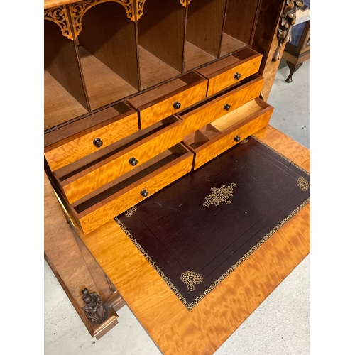 246 - VICTORIAN BURR WALNUT SECRETAIRE WITH FITTED SATINWOOD INTERIOR OF 7 DRAWERS OVER 2 DOORS H51” W32” ... 