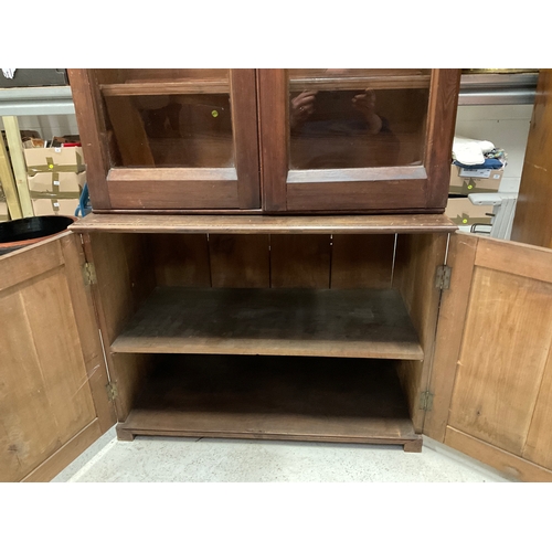 247 - GOTHIC REVIVAL PITCH PINE BOOKCASE WITH 2 GLAZED DOORS TO TOP AND 2 PANELLED DOORS TO BASE H90” W42”... 