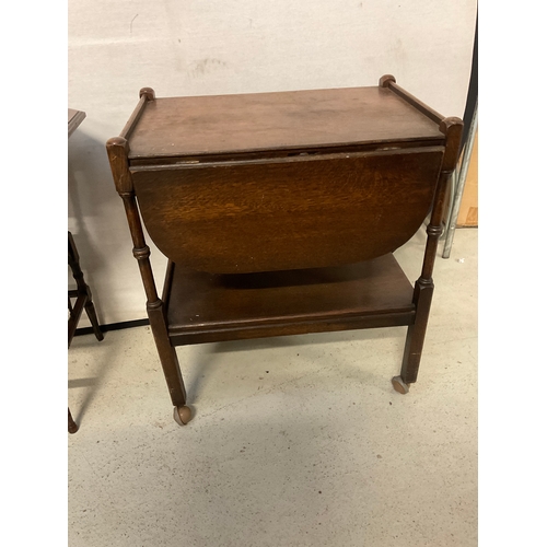 251 - EDWARDIAN MAHOGANY WINDOW TABLE H27” DIA24” VINTAGE OAK DROP LEAF TEA TROLLEY H27”W24”D16”