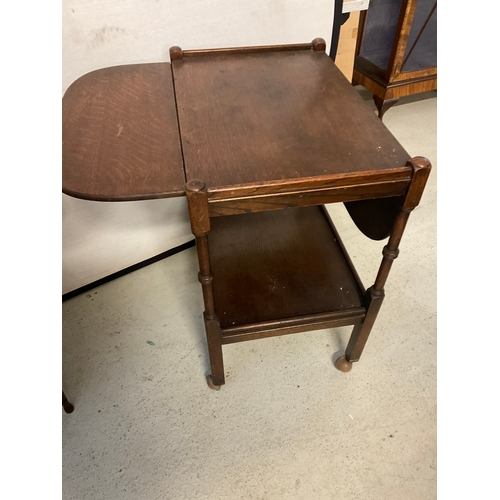 251 - EDWARDIAN MAHOGANY WINDOW TABLE H27” DIA24” VINTAGE OAK DROP LEAF TEA TROLLEY H27”W24”D16”