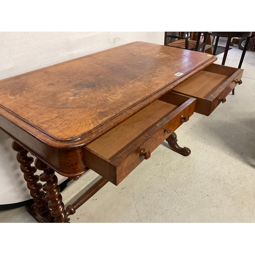 254 - VICTORIAN MAHOGANY WRITING TABLE WITH 2 DRAWERS ON BARLEY TWIST LEGS ON TURNED STRETCHERED BASE WITH... 