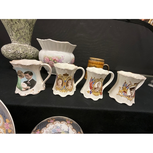 114 - BOX OF ASSORTED CHINA TO INCLUDE SYLVAC FACE POT ROYAL COMMEMORATIVE MUGS ETC