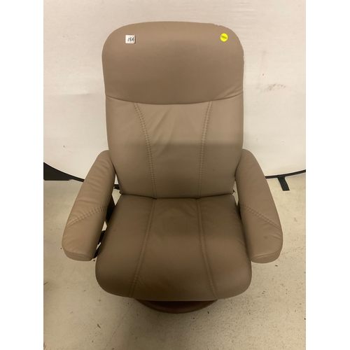 266 - STRESSLESS MUSHROOM COLOURED LEATHER SWIVEL AND RECLINING CHAIR COMPLETE WITH MATCHING FOOT STOOL