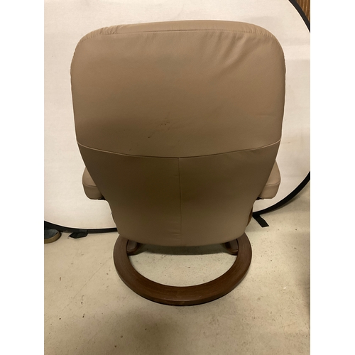 266 - STRESSLESS MUSHROOM COLOURED LEATHER SWIVEL AND RECLINING CHAIR COMPLETE WITH MATCHING FOOT STOOL