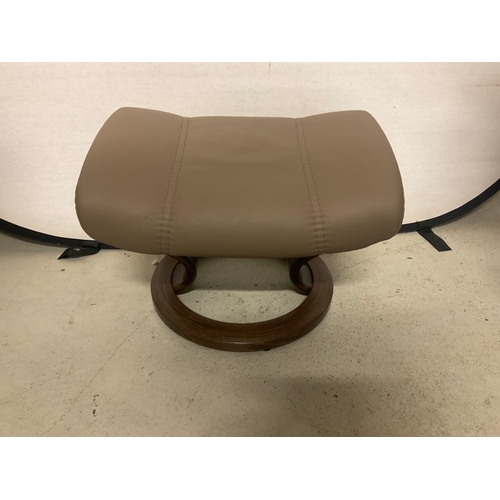 266 - STRESSLESS MUSHROOM COLOURED LEATHER SWIVEL AND RECLINING CHAIR COMPLETE WITH MATCHING FOOT STOOL