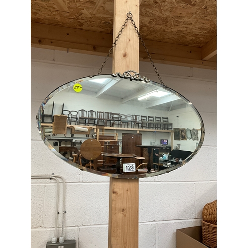 123 - VINTAGE WALL MIRROR BEVELLED EDGE SUSPENDED BY CHAIN WITH CHROME DETAIL MEASURES 22”X14”