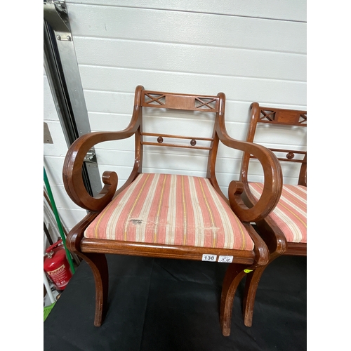 138 - FOUR REPRODUCTION REGENCY STYLE MAHOGANY DINING CHAIRS TO INCLUDE TWO CARVERS WITH PADDED SEATS A/F