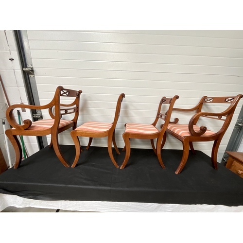 138 - FOUR REPRODUCTION REGENCY STYLE MAHOGANY DINING CHAIRS TO INCLUDE TWO CARVERS WITH PADDED SEATS A/F