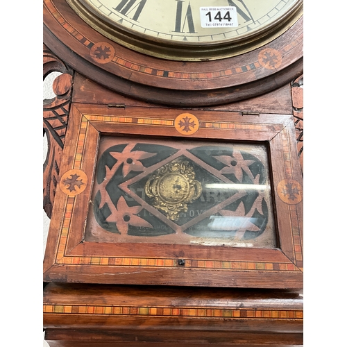 144 - VICTORIAN MAHOGANY INLAID AMERICAN REGULATOR A WALL CLOCK WITH TRIPLE ROLL DROP - KEY & PENDULUM - C... 