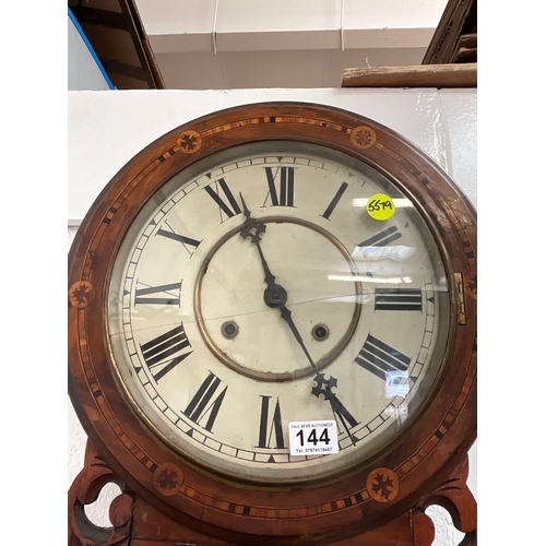 144 - VICTORIAN MAHOGANY INLAID AMERICAN REGULATOR A WALL CLOCK WITH TRIPLE ROLL DROP - KEY & PENDULUM - C... 