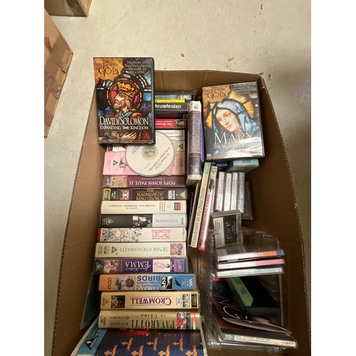 198 - TWO BOXES OF CD'S VHS TAPES ETC