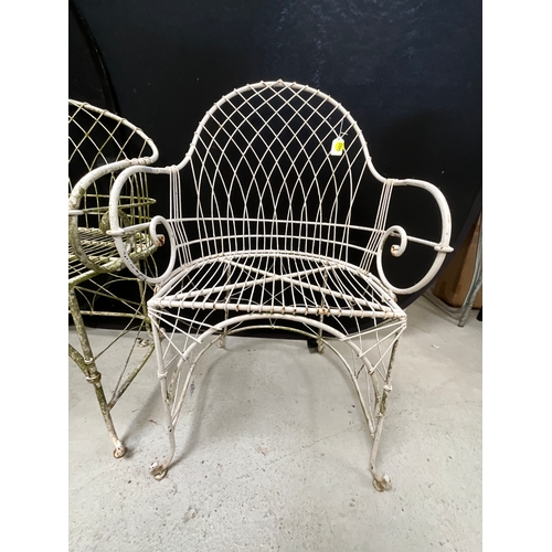 205 - HEAVY GEORGIAN STYLE WIRE WORK PAINTED GARDEN SET COMPRISES OF TWO CHAIRS AND BENCH SIZE L47” D18”