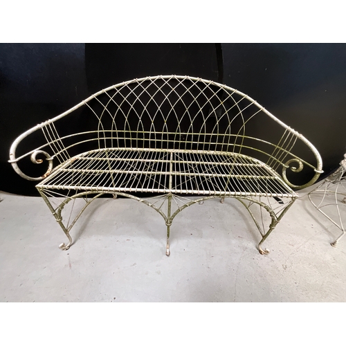 205 - HEAVY GEORGIAN STYLE WIRE WORK PAINTED GARDEN SET COMPRISES OF TWO CHAIRS AND BENCH SIZE L47” D18”