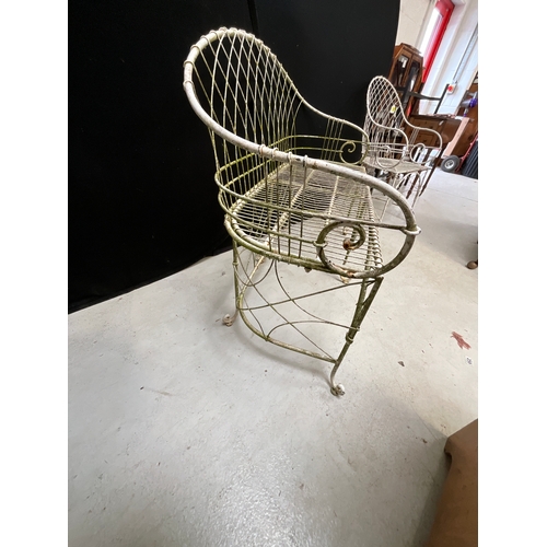 205 - HEAVY GEORGIAN STYLE WIRE WORK PAINTED GARDEN SET COMPRISES OF TWO CHAIRS AND BENCH SIZE L47” D18”