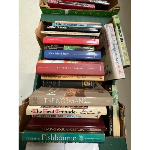 216 - THREE BOXES OF BOOKS MAINLY HISTORY TO INCLUDE THE IST CRUSADE, ROMAN BRITAIN ETC