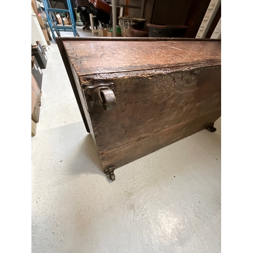 217 - EARLY OAK BIBLE BOX WITH LATER ADDED BRASS CASTERS H12”W29”D16”