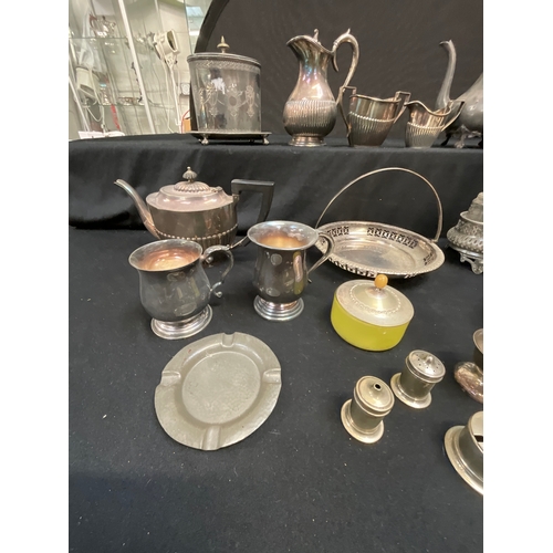 218 - BOX OF ASSORTED SILVER PLATE AND PEWTER TEAPOTS CAKE BASKETS ETC