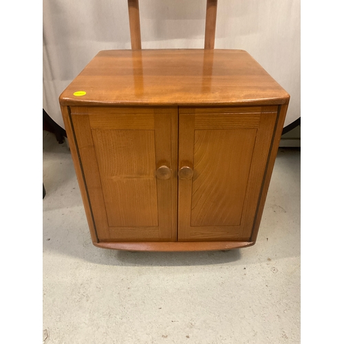 275 - VINTAGE BADGED ERCOL BLONDE BEDROOM MIRROR WITH 2 DOOR CABINET BELOW H61”W19”D19”