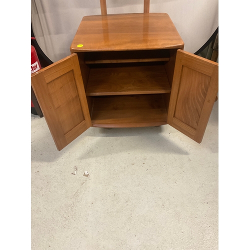 275 - VINTAGE BADGED ERCOL BLONDE BEDROOM MIRROR WITH 2 DOOR CABINET BELOW H61”W19”D19”