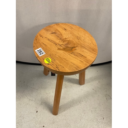 282 - HAND MADE OAK AND ELM TOPPED STOOL WITH INLAID BIRD TO TOP H21” DIA11”