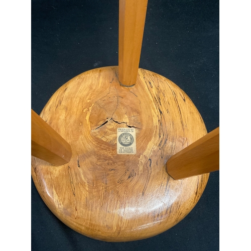 282 - HAND MADE OAK AND ELM TOPPED STOOL WITH INLAID BIRD TO TOP H21” DIA11”