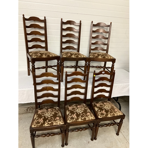 320 - 6 REPRODUCTION OAK LADDERBACK DINING CHAIRS WITH UPHOLSTERED SEATS