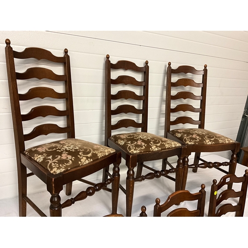 320 - 6 REPRODUCTION OAK LADDERBACK DINING CHAIRS WITH UPHOLSTERED SEATS