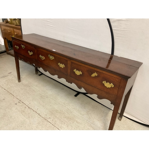 287 - EARLY OAK 3 DRAWER DRESSER WITH 2 PLANK TOP OVER 3 DRAWERS AND CARVED AND SHAPED FREIZE BELOW A/F H3... 