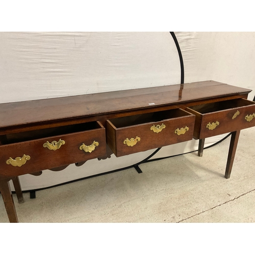 287 - EARLY OAK 3 DRAWER DRESSER WITH 2 PLANK TOP OVER 3 DRAWERS AND CARVED AND SHAPED FREIZE BELOW A/F H3... 